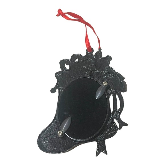 Metal 3X3.5" Stocking with Toys and Bow￼ Ornament Frame Holds 1.5" Oval Photo - Picture 2 of 2